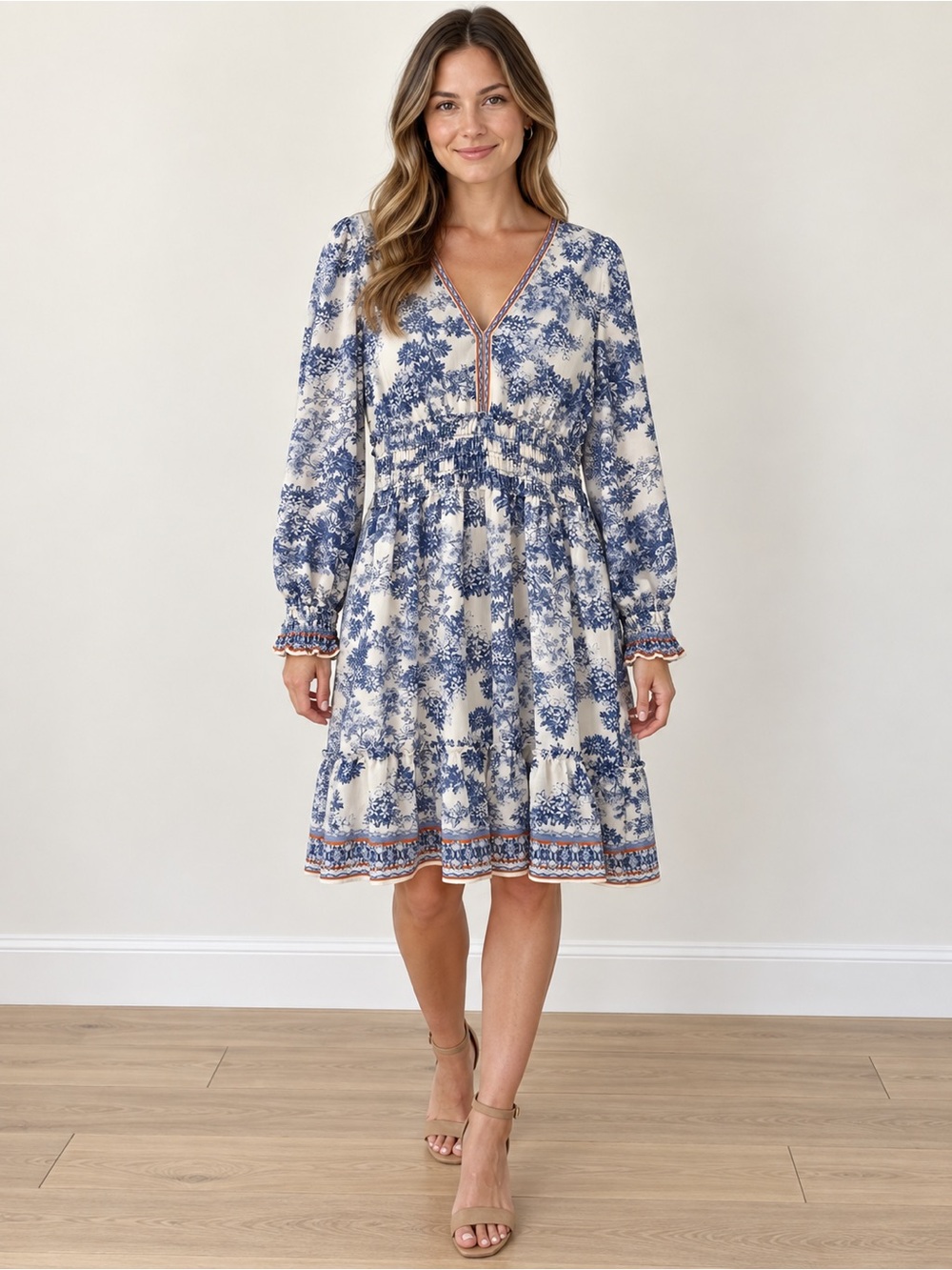 Max Studio Blue and Cream Floral Midi Dress